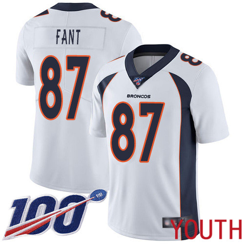 Youth Denver Broncos #87 Noah Fant White Vapor Untouchable Limited Player 100th Season Football NFL Jersey->youth nfl jersey->Youth Jersey